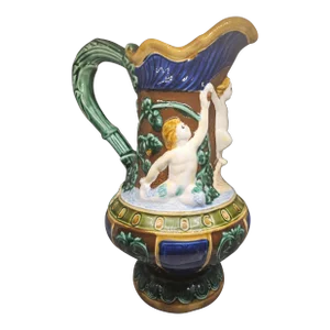 Vintage Jj Seashell Figures People Sea Green Blue Majolica Pitcher