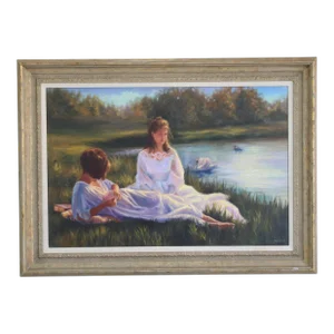 Late 20th Century Ladies by the Lake Oil Painting on Canvas