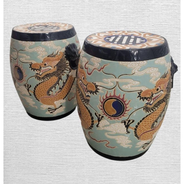 Chinoiserie Vintage Chinoiserie Dragon Cloud Foodog Ceramic Garden Stools- A Pair For Sale - Image 3 of 7