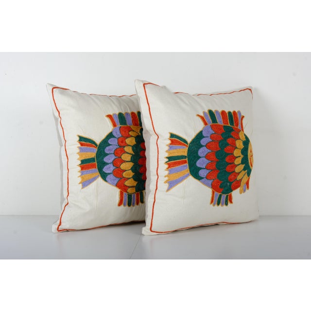Fish Figured Suzani Pillowcase - a Pair For Sale - Image 4 of 5