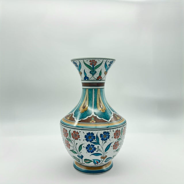 Turquoise Handmade Ceramic Vase (30cm) – Turquoise & Terracotta Floral Design – Textured Iznik Decor For Sale - Image 8 of 9