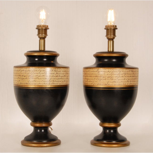 Frederick Cooper Vintage French Lamps Ceramic Baluster Vase Lamps Black Gold Cream - A Pair For Sale - Image 4 of 10