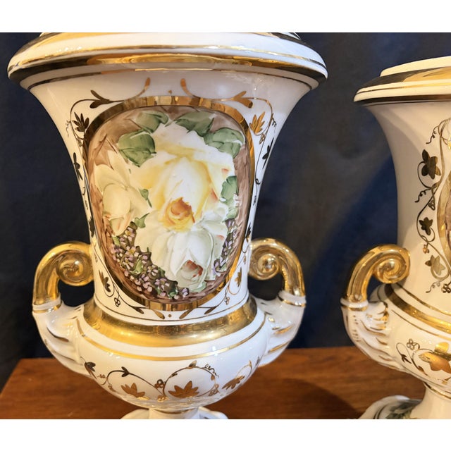 Antique Pair French Edwardian Campana Porcelain Urns Vases Still Life Flowers For Sale In Lexington, KY - Image 6 of 8