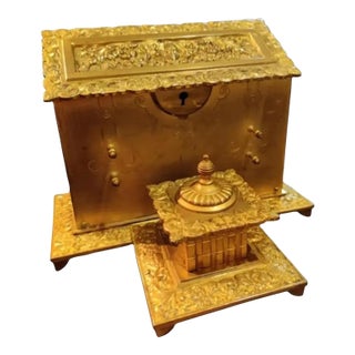 Late 19th Century Ornate French Repousse Gilt Bronze Letterbox Inkstand For Sale