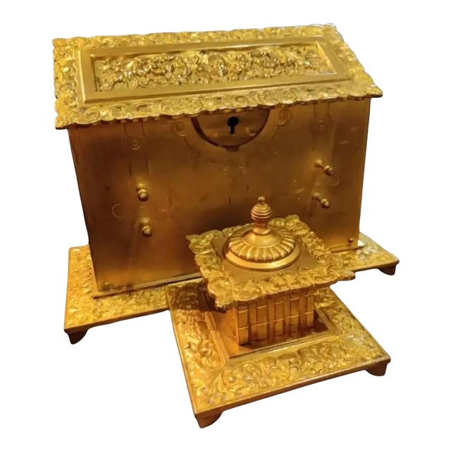 Late 19th Century Ornate French Repousse Gilt Bronze Letterbox Inkstand For Sale