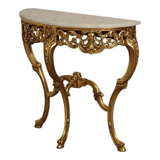 Italian Rococo Style Marble Top Giltwood Console Table For Sale