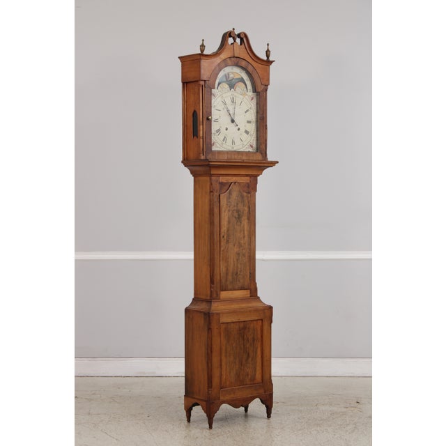 Age: Approx: Late 18th or Early 19th Century Details: Removable Bonnet Top Hand Painted Tin Face w. Moon Dial Original...
