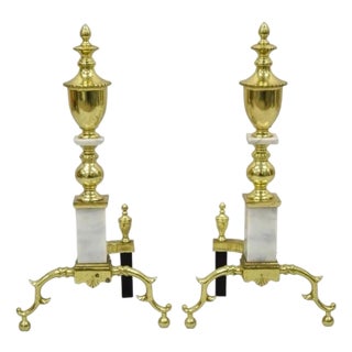 Vintage Brass Urn & Marble Federal Style Branch Leg Fireplace Andirons - A Pair For Sale