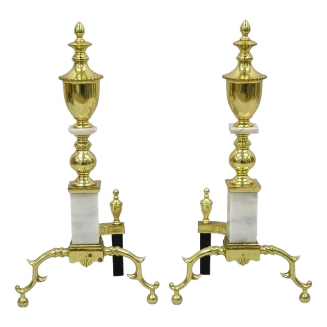 Vintage Brass Urn & Marble Federal Style Branch Leg Fireplace Andirons - A Pair For Sale