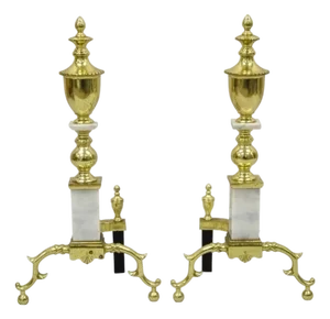 Vintage Brass Urn & Marble Federal Style Branch Leg Fireplace Andirons - A Pair