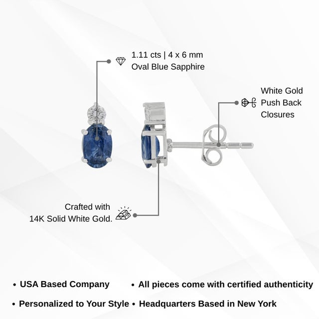 Classic 1.11 Carat Blue Sapphire & Diamond Stud Earrings in 14k White Gold- A Pair For Sale - Image 11 of 14