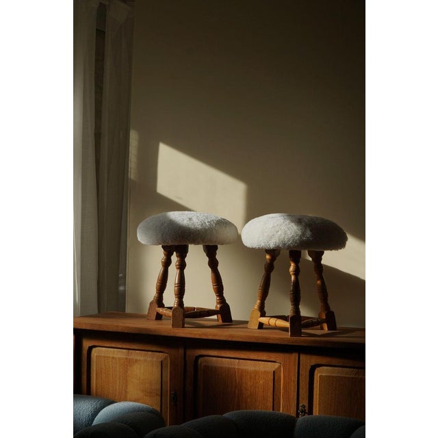 Set of Danish Modern Tripod Stools with Lambswool Seats, 1950s For Sale - Image 9 of 17
