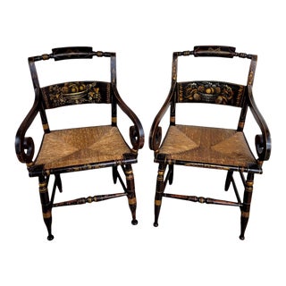 American Late Federal Period Hitchcock Style Armchairs With Rush Seats - a Pair For Sale