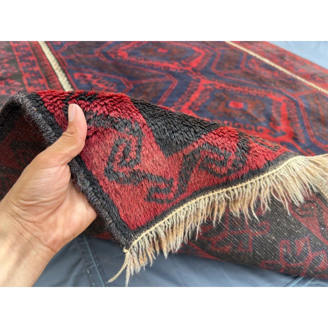 Textile Vintage Afghan Hand-Knotted Baluchi Soft Rug, Red & Blue Tribal Design, Wool Pile Rug For Sale - Image 7 of 10