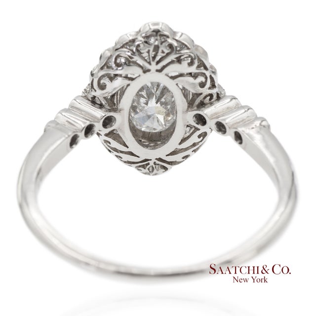 Vintage Platinum 900 Natural Diamond Milgrain Oval Shape Engagement Band Ring, Size 7 For Sale - Image 4 of 10