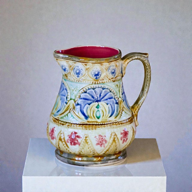 A marvelous 19th-century majolica/slipper pitcher, stamped by the Belgian firm of Nimy-lès-Mons, Mouzin Lecat, circa 1851....