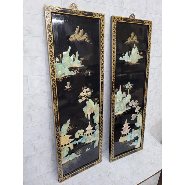 Vintage Asian Hanging Wood & Black Lacquer Framed Wall Art - a Pair For Sale - Image 6 of 8