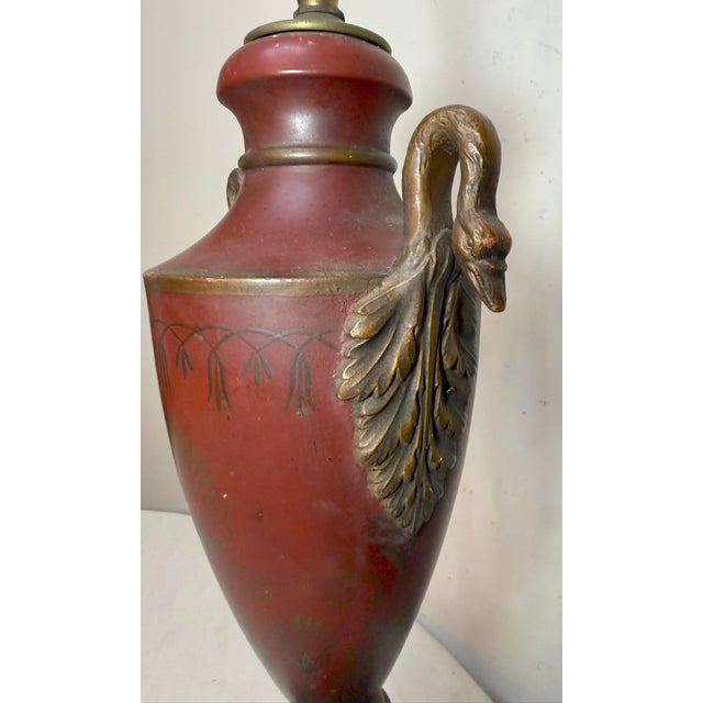 Antique Handmade Painted French Red Tole Toleware Swan Metal Table Lamp Light For Sale - Image 16 of 18