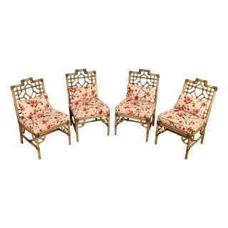 Chinese Chippendale Style Set Of Four Rattan Bamboo Dining Chairs For Sale