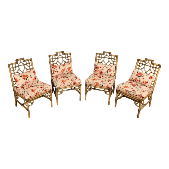 Chinese Chippendale Style Set Of Four Rattan Bamboo Dining Chairs For Sale
