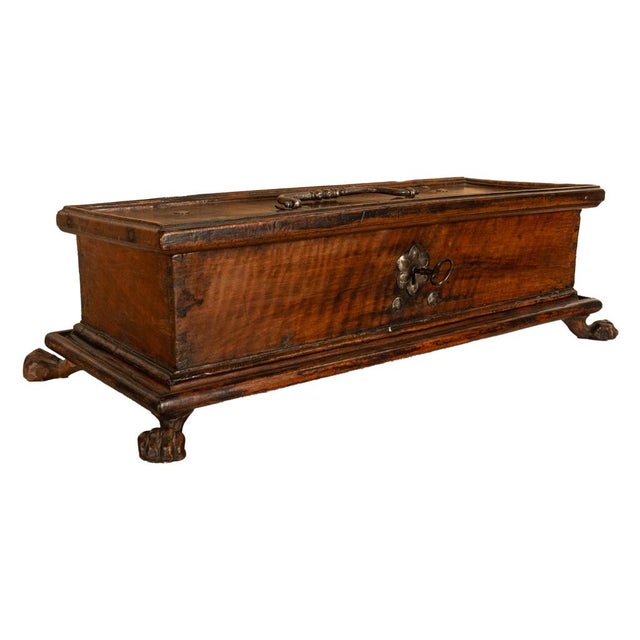 Antique Italian Baroque Walnut & Engraved Iron Jewelry Strong Box Cassone 1600 For Sale - Image 4 of 17