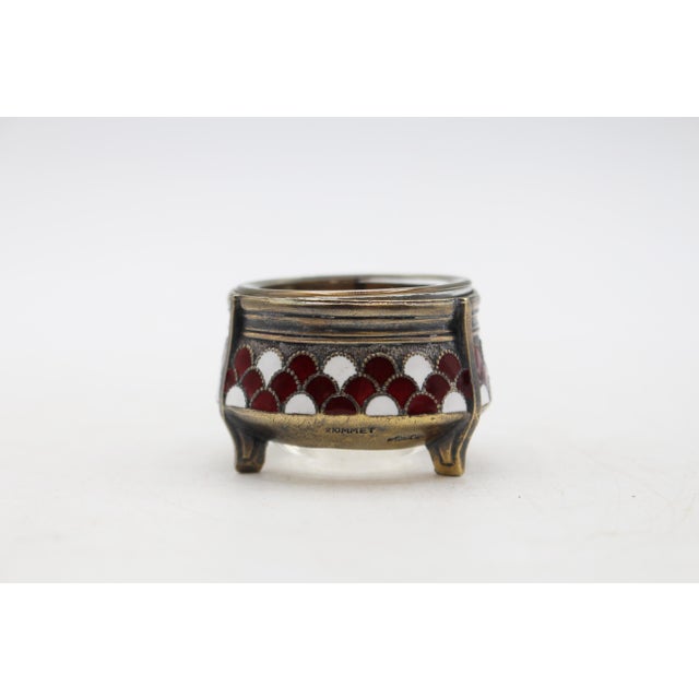 Silverplate, champleve and glass Russian salt dip, early 20th century. Russian mark denotes that it is Jeweler's metal,...