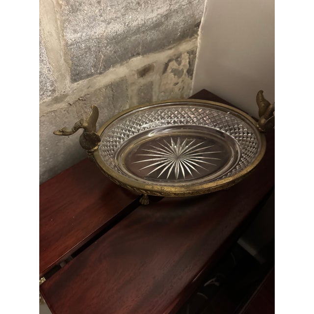 Vintage Belgian-Style Cut Crystal Centerpiece Bowl With Ornate Brass Bird Mount – Attributed to Val Saint Lambert, C. 1930–1950 For Sale - Image 6 of 6