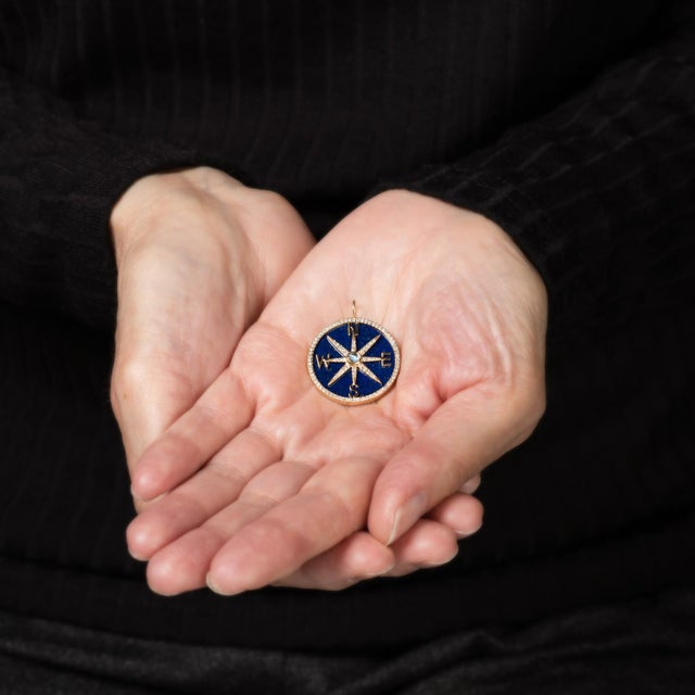 Compass Charm Lapis Lazuli Moonstone Diamond Pendant 14k Yellow Gold Jewelry For Sale - Image 4 of 4
