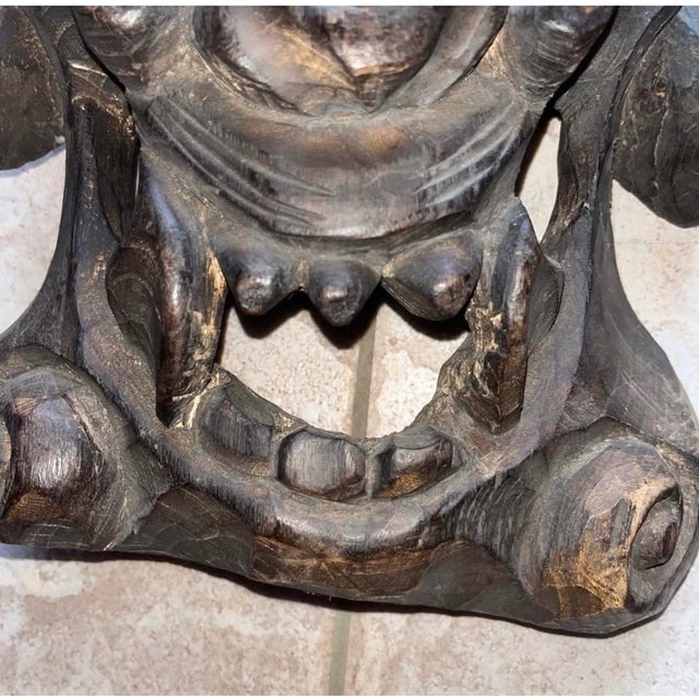 Vintage or Antique Hand-Carved Asian Wooden Guardian or Demon Masks, Often Featuring Stacked or Multi-Tiered Faces With Fierce For Sale - Image 12 of 14