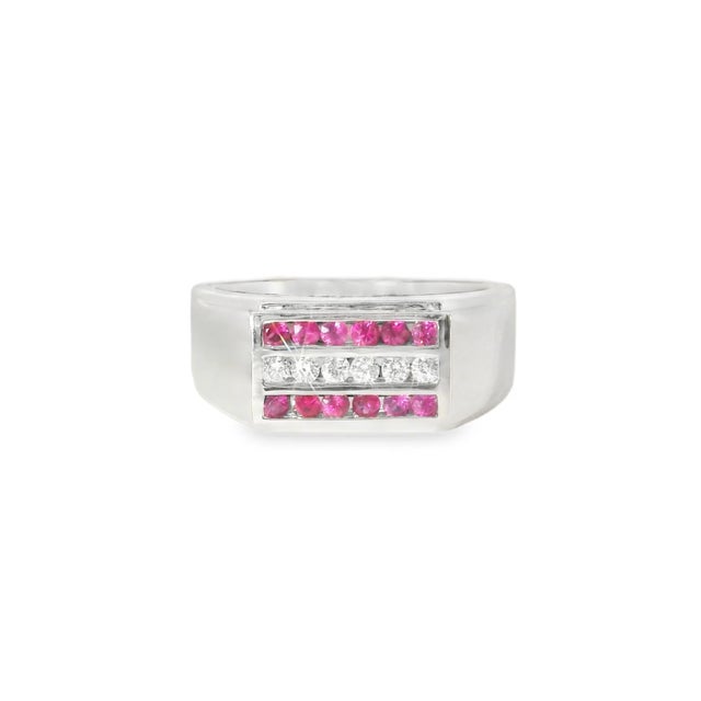 14K white gold men's ring featuring 6 brilliant round diamonds (0.13 carats) and 12 natural rubies (0.32 carats) in a...