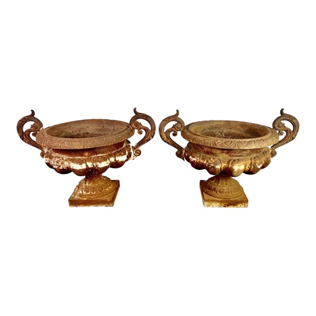 Large Pair of Antique Cast Iron Urn Planters, Europe, Early 20th Century For Sale