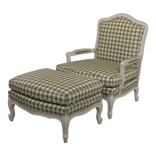 Custom Upholstered French Style Bergere Chair & Ottoman For Sale