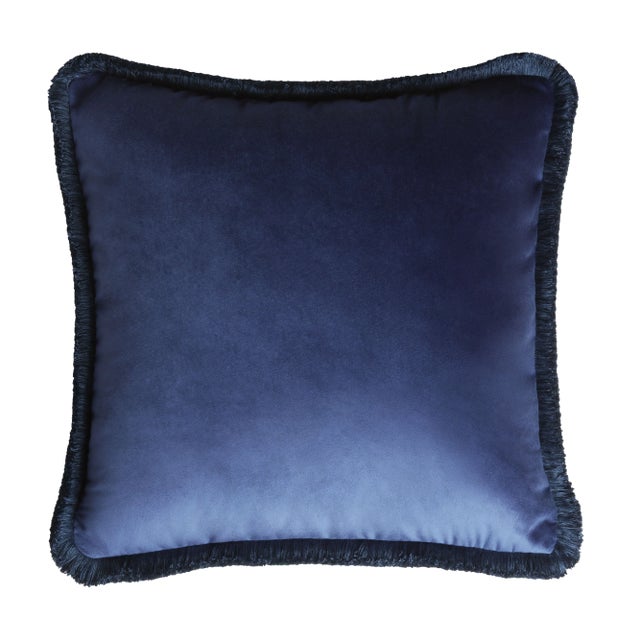Major Collection Cushion in Blue Velvet with Fringes from Lo Decor For Sale