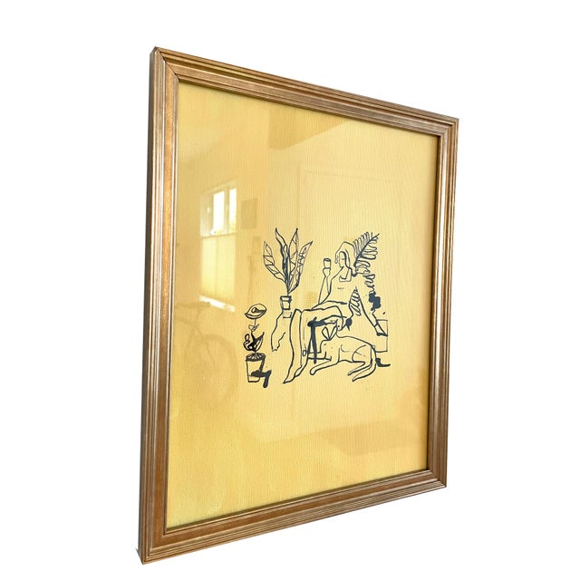 Contemporary Original Yellow Ink Painting of a Woman Reclining With Cat by Max and Alma For Sale - Image 3 of 7