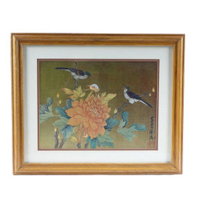 Mid 20th Century Original Asian Bird Flora Painting on Silk Signed
