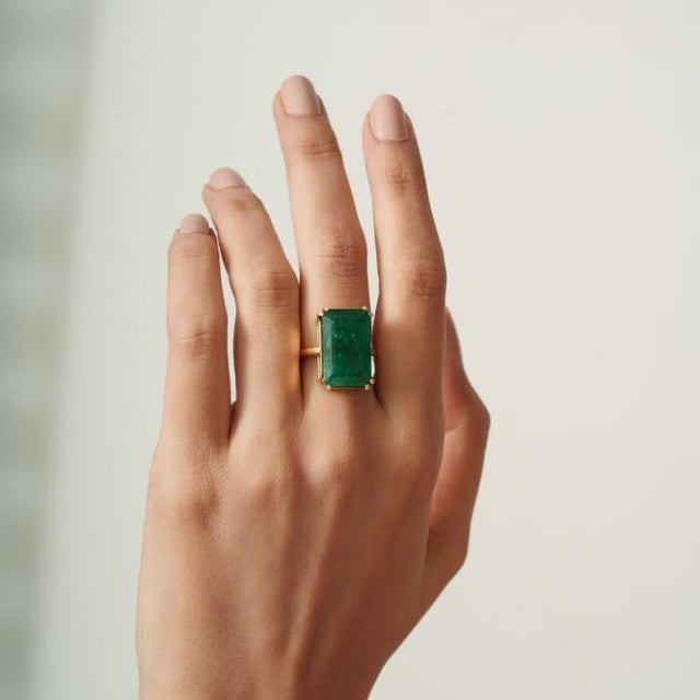 Not Yet Made - Made To Order 12.59 Ct Emerald Solitaire Contemporary Cocktail Ring Size 6 by VRJewels in 18k Yellow Gold For Sale - Image 5 of 15