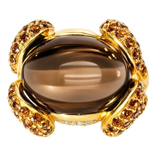 14K Yellow Gold Diamond Cabochon Smokey Quartz Sapphire Ring For Sale