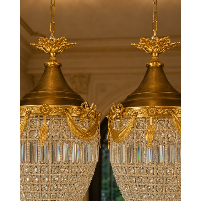 1980 French Louis XVI Gold Bronze Crystal Lanterns Pair For Sale - Image 9 of 12