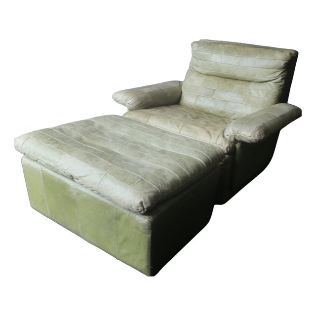 Set of Olive Patchwork Leather Lounge Chair and Ottoman from Laauser, 1970s For Sale