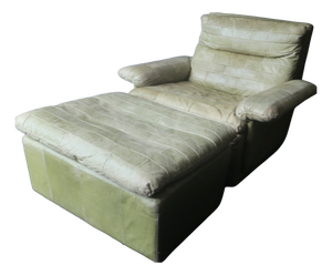 Set of Olive Patchwork Leather Lounge Chair and Ottoman from Laauser, 1970s
