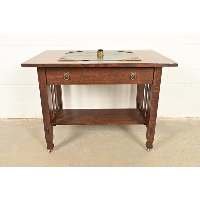 Metal Tiffany Studios New York Grapevine Pattern Bronze Doré and Favrile Slag Glass Pen Brush For Sale - Image 7 of 8