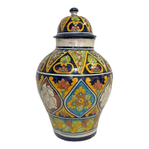 Large Vintage Hand Painted Mexican Talavera Terra Cotta Lidded Ginger Jar