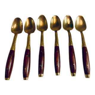 Mid 20th Century Rosewood & Brass Desert Demitasse Spoons Set of 6 For Sale