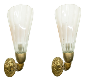 Italian Art Deco Brass Sconces with Murano Glass Shade, 1930s, Set of 2