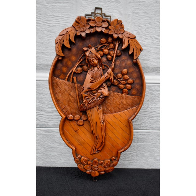 Vintage Chinese Hand Carved Wood Wall Plaque High Relief Asian Woman Flower Art For Sale - Image 11 of 13
