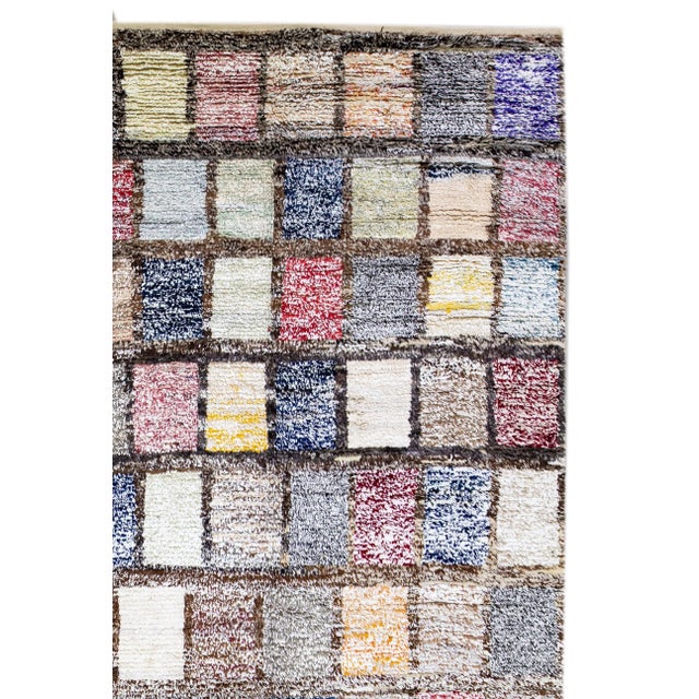 1960s Brown Modern Turkish Tulu Handmade Multicolor Square Designed Pattern Wool Rug For Sale - Image 5 of 13