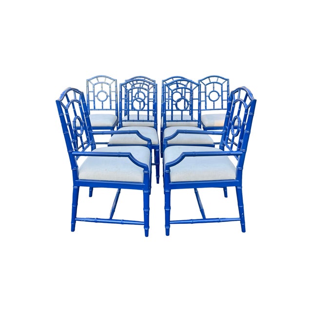 Chinoiserie Faux Bamboo Chinoiserie Style Blue Dining Chairs in Blue Set of 8 For Sale - Image 3 of 14