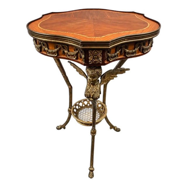 French Empire Louis XV Style Winged Angels Bronze Inlaid Gueridon Pedestal Table For Sale