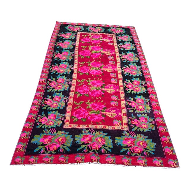 1930s Vintage Karabakh Rug Caucasian Handwoven Wool on Cotton Foundation pinkVibrant Floral Rug - 4’9x9’9 For Sale