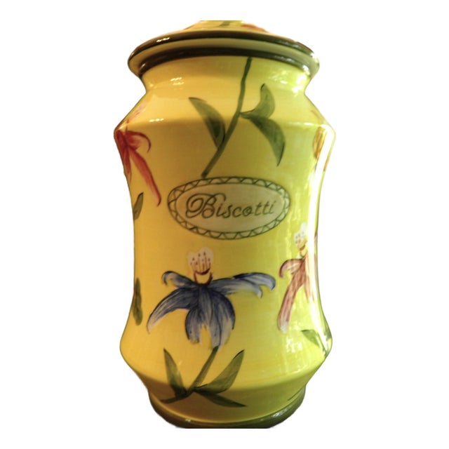 Nonni’s Biscotti Jar Yellow Floral Porcelain Cookie Jar Canister For Sale
